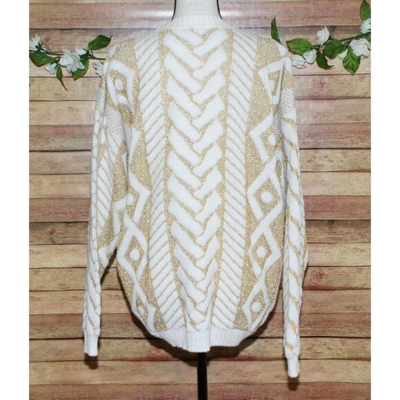 Jane Adams White And Gold Metallic Pullover Sweater Size XL Crewneck - Picture 5 of 8